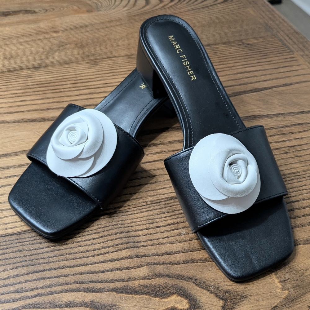 Marc Fisher Black Sandals with White Rose Accent